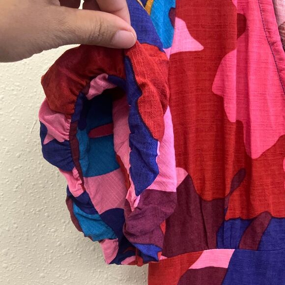 Mister zimi Zuri rayon colorful V-Neck midi dress balloon sleeve size 10 #720 - Picture 12 of 13